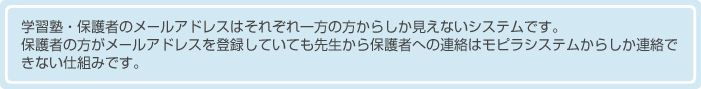 �w�K�m�E�ی�҂̃��[���A�h���X�͂��ꂼ�����̕����炵�������Ȃ��V�X�e���ł��B
�ی�҂̕������[���A�h���X��o�^���Ă��Ă��搶����ی�҂ւ̘A���̓��s���V�X�e�����炵���A���ł��Ȃ��d�g�݂ł��B
